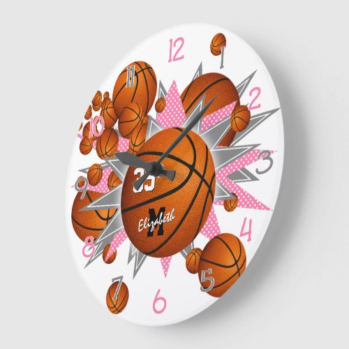 basketballs w pink gray stars sports room decor large clock