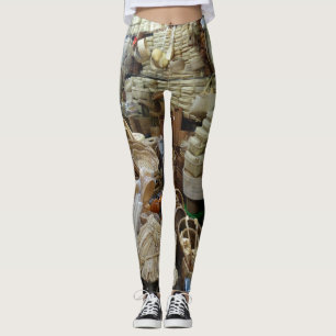 Baskets in a kitchen store create natural colored leggings