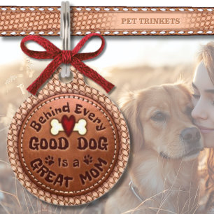 Basketweave Leather Good Dog Great Mom Pet ID Tag