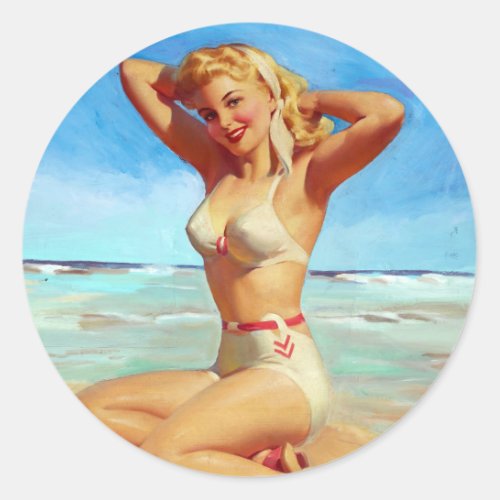 Basking on the Beach Pin Up Classic Round Sticker