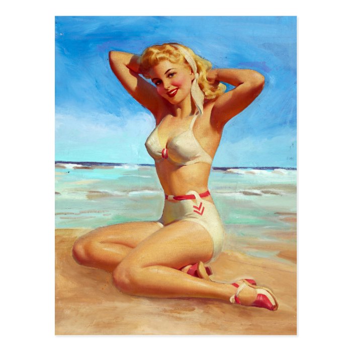 Basking on the Beach Pin Up Post Card