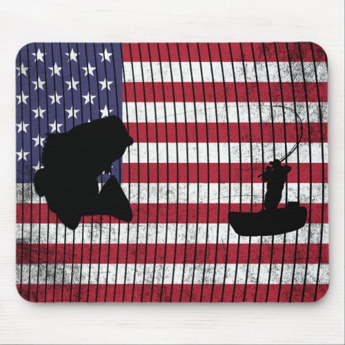 Bass and Fisherman over American Flag Fishing Mouse Pad