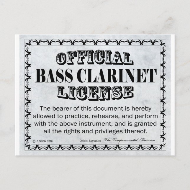 Bass Clarinet License Postcard (Front)