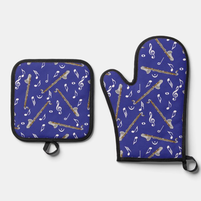 Bass Clarinet Music Note Pattern Oven Mitt & Pot Holder Set (Front)
