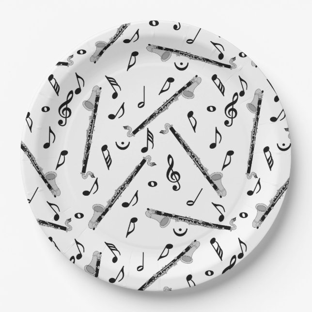 Bass Clarinet Music Note Pattern Paper Plates (Front)