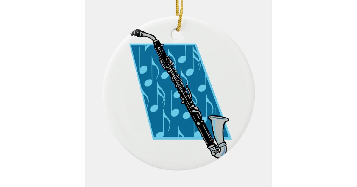 Bass Clarinet with Blue Background and Music Notes Ceramic Ornament