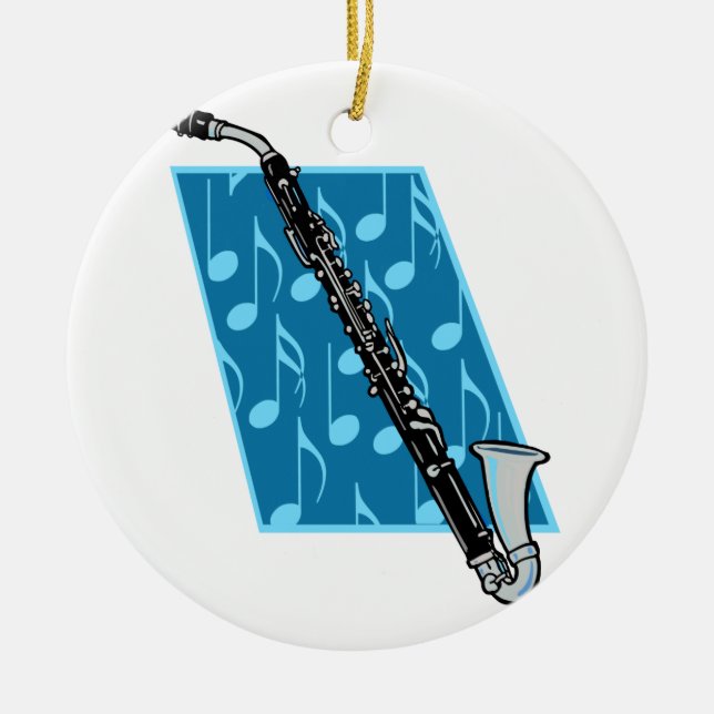 Bass Clarinet with Blue Background and Music Notes Ceramic Ornament (Front)