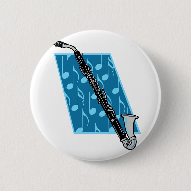 Bass Clarinet with Blue Background and Music Notes Pinback Button (Front)