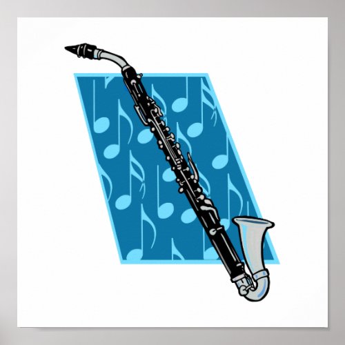 Bass Clarinet with Blue Background and Music Notes Poster
