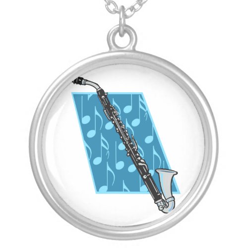 Bass Clarinet with Blue Background and Music Notes Silver Plated Necklace
