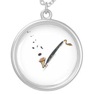 Bass Clarinet with music notes Silver Plated Necklace