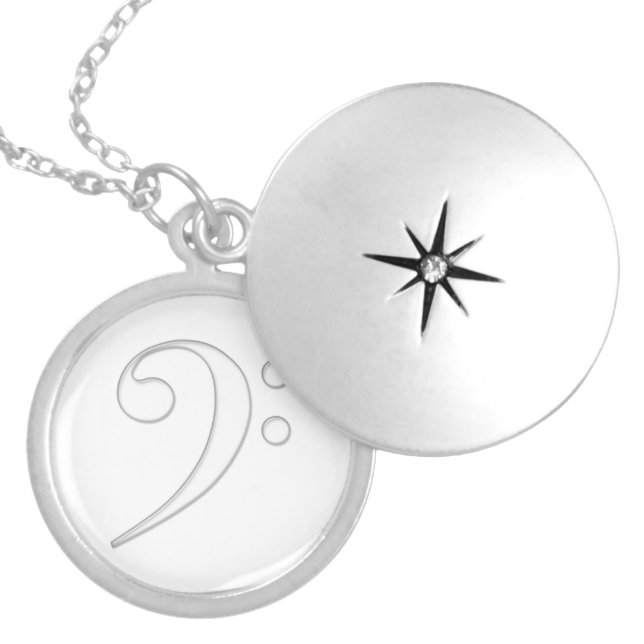 Bass clef glass illustration silver plated necklace (Front)