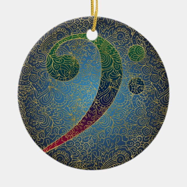 Bass Clef Gold Filigree - Colorful Music Ceramic Ornament (Front)