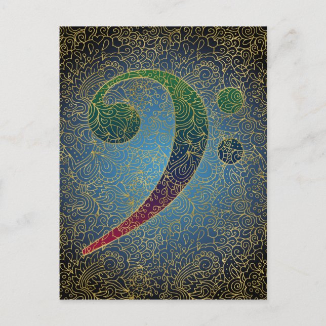 Bass Clef Gold Filigree - Colorful Music Postcard (Front)