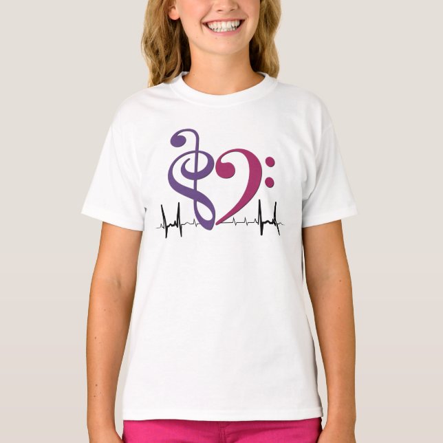 Bass Clef Heart EKG Wave Purple & Mulberry T-Shirt (Front)
