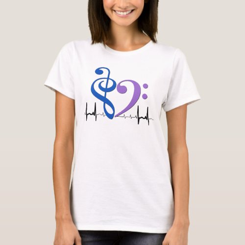 Treble and Bass Clef Heart EKG Waves Sapphire Blue & Amethyst T-Shirt