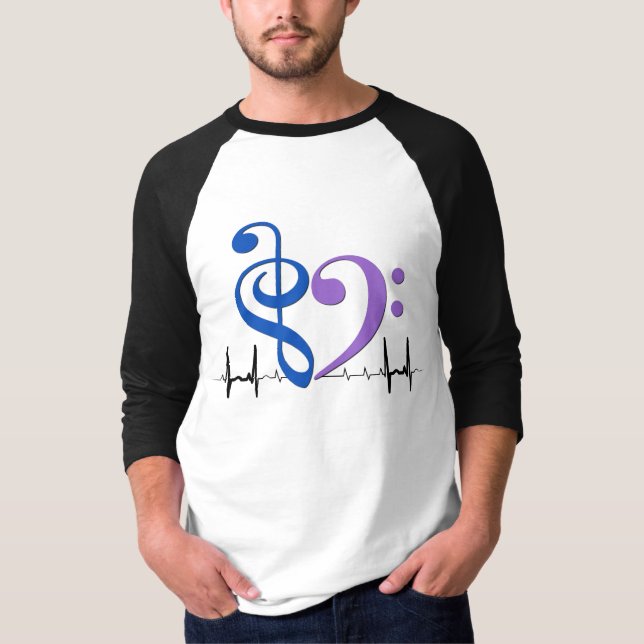Bass Clef Heart EKG Waves Blue & Amethyst T-Shirt (Front)