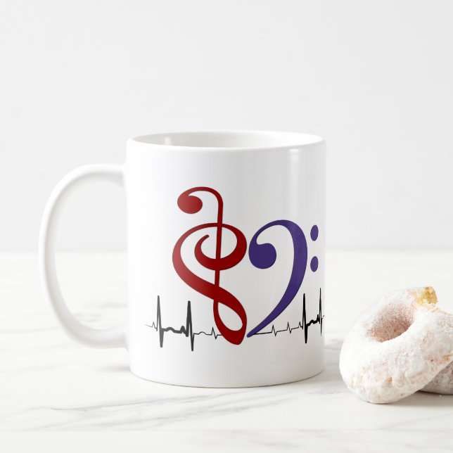 Bass Clef Heart EKG Waves Crimson Red & Purple Coffee Mug (With Donut)
