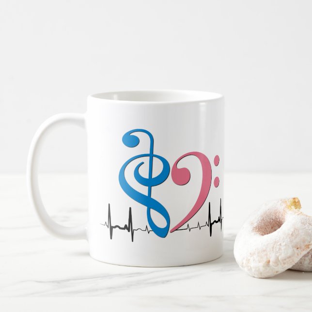 Bass Clef Heart EKG Waves Cyan & Bubblegum Pink Coffee Mug (With Donut)