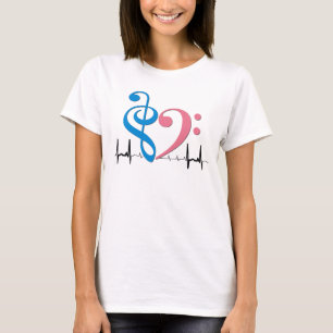 Bass Clef Heart EKG Waves Cyan & Pink T-Shirt