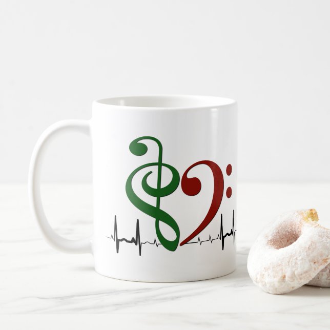 Bass Clef Heart EKG Waves Green & Ruby Red Coffee Mug (With Donut)