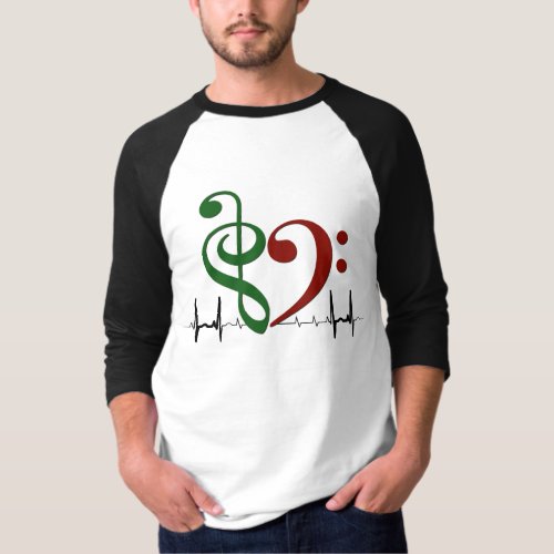 Treble and Bass Clef Heart EKG Waves Emerald Green & Dark Ruby T-Shirt