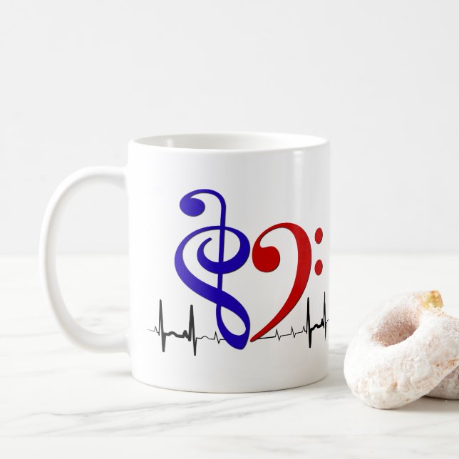 Bass Clef Heart EKG Waves Navy Blue & Red Coffee Mug (With Donut)