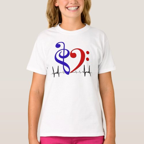 Treble and Bass Clef Heart EKG Waves Navy Blue & Scarlet Red T-Shirt