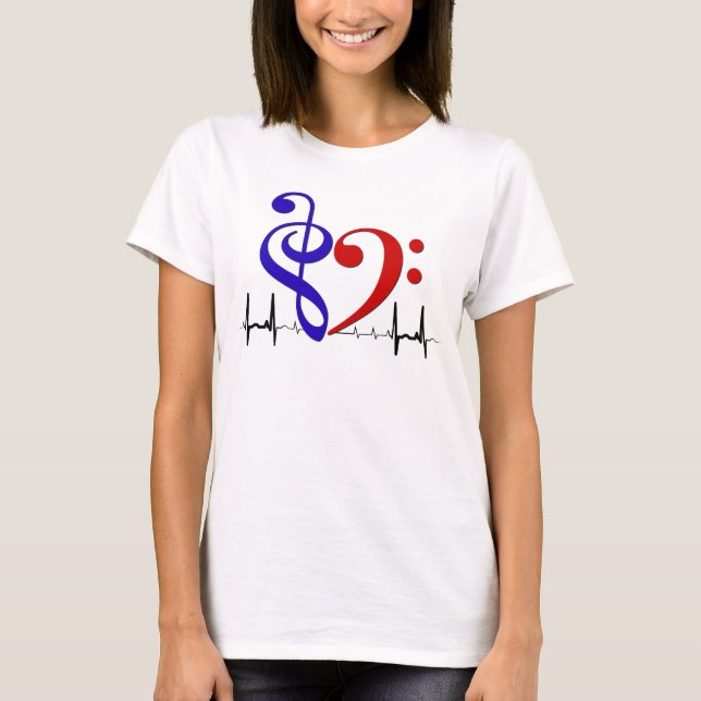 Bass Clef Heart EKG Waves Navy & Red T-Shirt (Front)