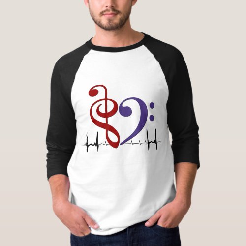 Treble and Bass Clef Heart EKG Waves Crimson Red & Purple T-Shirt