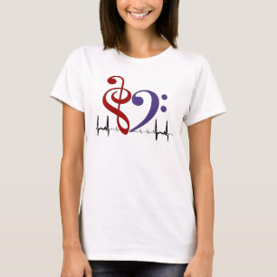 Bass Clef Heart EKG Waves Red & Purple T-Shirt