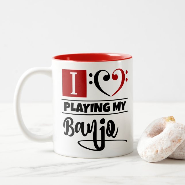 Bass Clef Heart I Love Playing My Banjo Two-Tone Coffee Mug (With Donut)