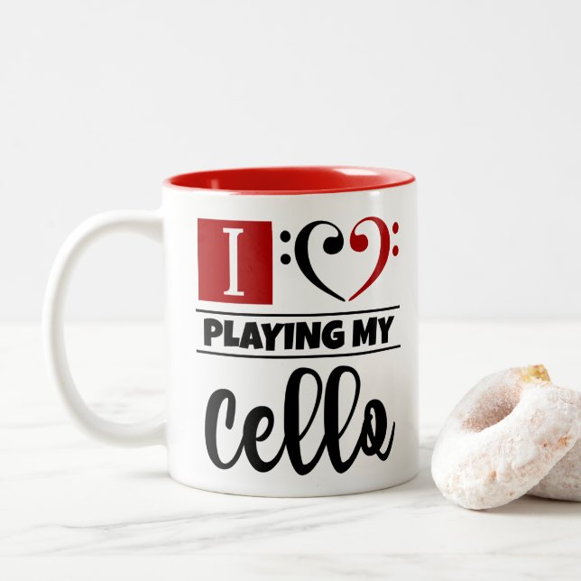 Bass Clef Heart I Love Playing My Cello Two-Tone Coffee Mug (With Donut)