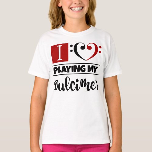 Double Black Red Bass Clef Heart I Love Playing My Dulcimer T-Shirt