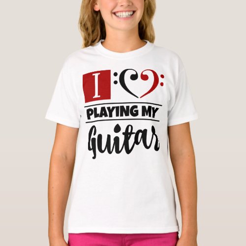 Double Black Red Bass Clef Heart I Love Playing My Guitar T-Shirt