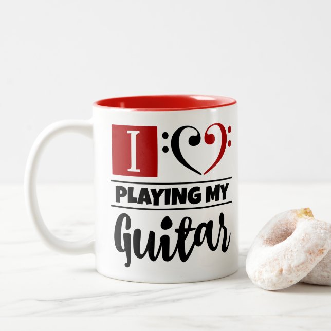 Bass Clef Heart I Love Playing My Guitar Two-Tone Coffee Mug (With Donut)