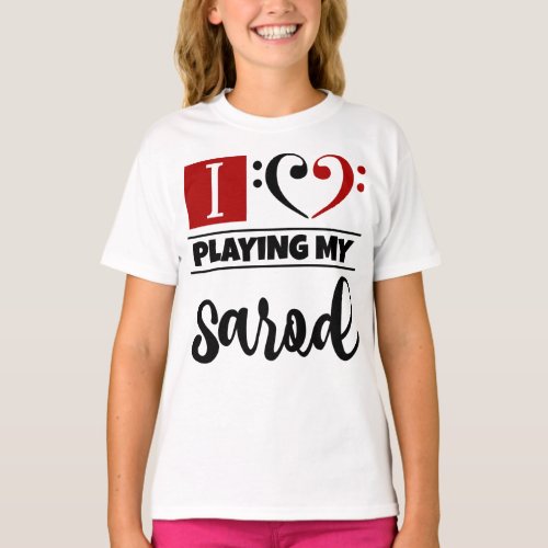 Double Black Red Bass Clef Heart I Love Playing My Sarod T-Shirt