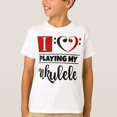 Double Black Red Bass Clef Heart I Love Playing My Ukulele T-Shirt