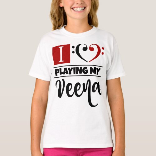 Double Black Red Bass Clef Heart I Love Playing My Veena T-Shirt