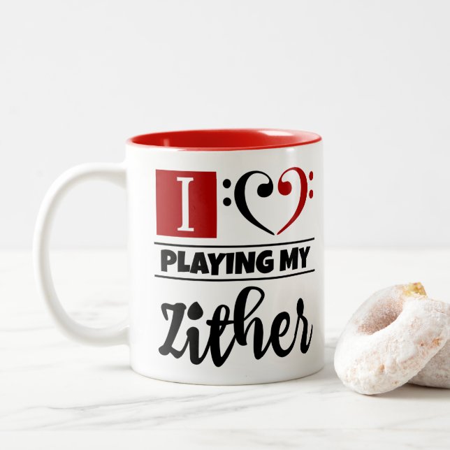 Bass Clef Heart I Love Playing My Zither Two-Tone Coffee Mug (With Donut)