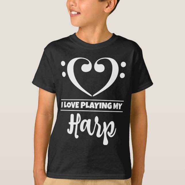Bass Clef Heart Love Playing Harp T-Shirt (Front)