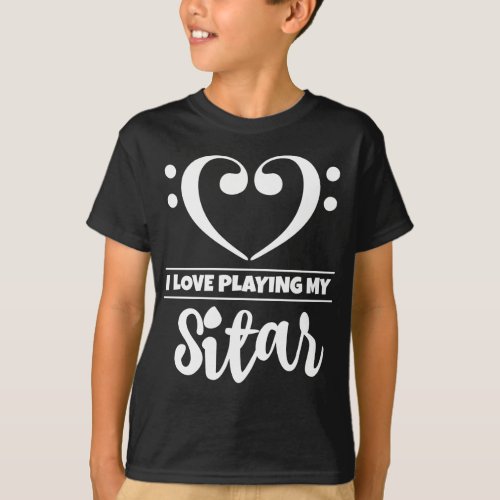 Double Bass Clef Heart I Love Playing My Sitar Musician Sitarist T-Shirt