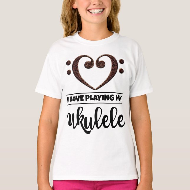 Bass Clef Heart Love Playing Ukulele T-Shirt (Front)