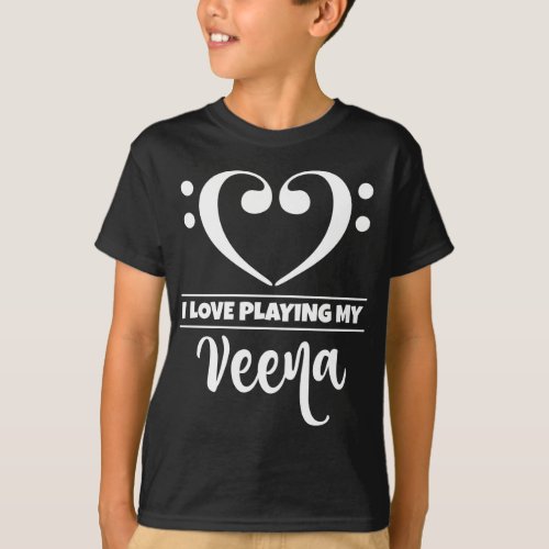 Double Bass Clef Heart I Love Playing My Veena Musician Vainika T-Shirt