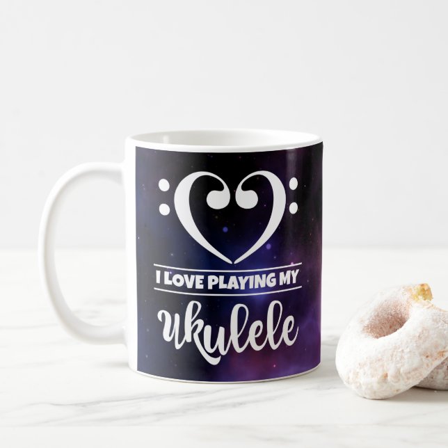 Bass Clef Heart Purple Nebula Love Ukulele Coffee Mug (With Donut)