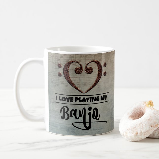 Bass Clef Heart Vintage Sheet Music Banjo Coffee Mug (With Donut)