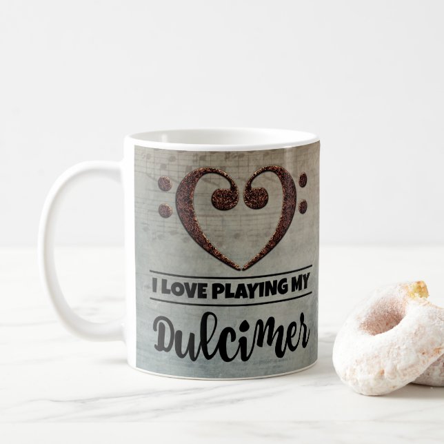 Bass Clef Heart Vintage Sheet Music Dulcimer Coffee Mug (With Donut)