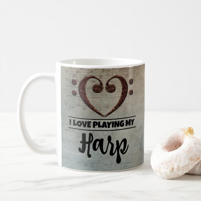 Bass Clef Heart Vintage Sheet Music Harp Coffee Mug (With Donut)