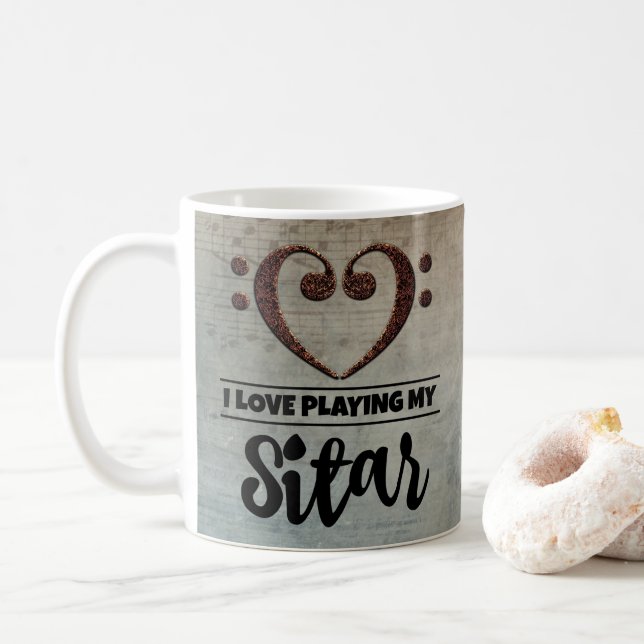 Bass Clef Heart Vintage Sheet Music Sitar Coffee Mug (With Donut)