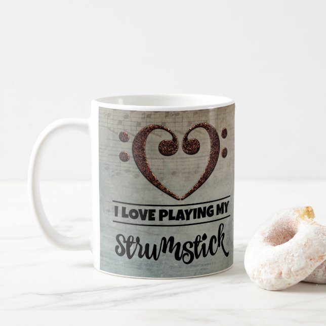 Bass Clef Heart Vintage Sheet Music Strumstick Coffee Mug (With Donut)